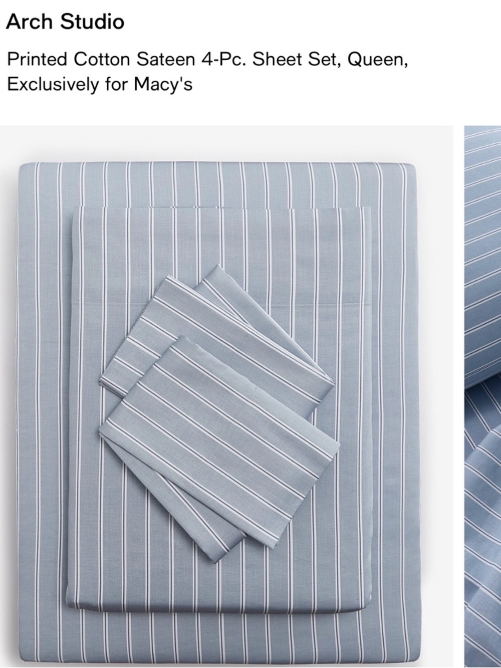 Arch Studio Blue Striped Cotton Sateen 4-Pc Sheet Queen Set. NWOT